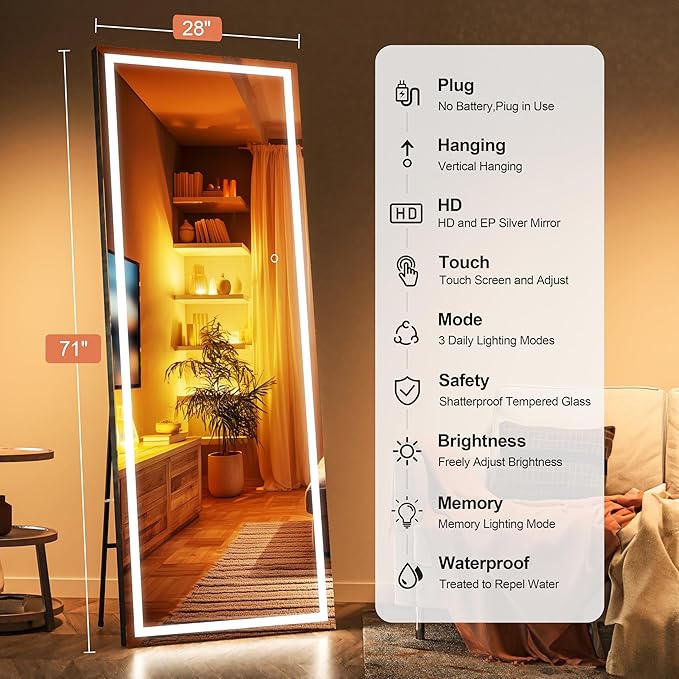 Full Length Mirror with Lights, 71" x 28" LED Lighted Floor Standing Body Mirror, Dimmable & 3 Color Lighting for Bedroom, Cloakroom, Dressing Room, Tempered Glass, Square Black
