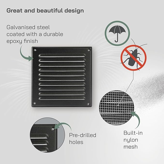 Vent Systems 6 x 6 Inch (Inner) Pack of 10 Black Vent Cover - Square Metal HVAC Return Air Grille with Mesh Screen - Register Wall Vent Grill - Outdoor, Indoor, Crawlspace - Exhaust Ventilation Grill
