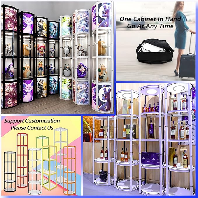 Foldable Display Case,Portable Display Cabinet,Retail Display Racks,Storage Showcase Cabinets Luminescent with LED-Light for Tradeshow Display,Tradeshow Booths ,White Round 4-Shelves 18x76inch