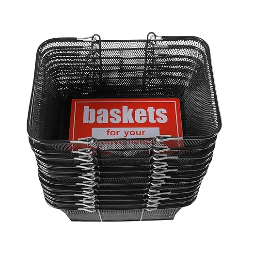 12-Pack 5Gal Shopping Baskets, Metal Shopping Baskets, Black Galvanized Iron Frame Shopping Baskets with Foldable Handles, Multi-Use Storage Basket for Supermarket/Retail Store/Home Storage