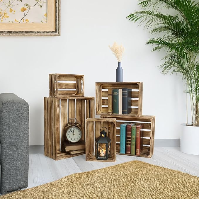 5-Piece Farmhouse Wooden Crate Set - Rustic Wooden Crates for Display and Storage, Large Torched Decorative Crates, Farmhouse Apple Crates, Painted Wood Crates for Decor
