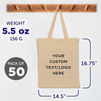 DISCOUNT PROMOS Custom Cotton Canvas Tote Bags Set of 50, Personalized Bulk Pack - Reusable, Great for Shopping, Grocery, Beach, Picnic, Wedding Favors - Natural