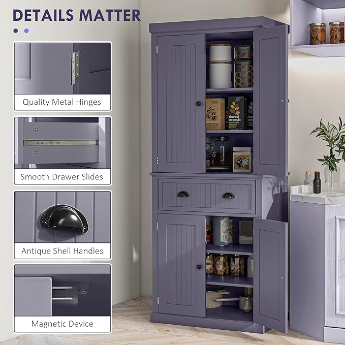 HOMCOM 72" Traditional Kitchen Pantry Cabinet, Freestanding Tall Storage Cabinet with 4 Doors, Drawer and 3 Adjustable Shelves for Dining Room, Navy Blue