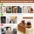 Couch Cup Holder Tray, 15.75" Acacia Wood Couch Armrest Table, 3 in 1 Foldable Sofa Clip on Side Table with 360° Phone Stand, Armrest Tray for Coffee Snacks
