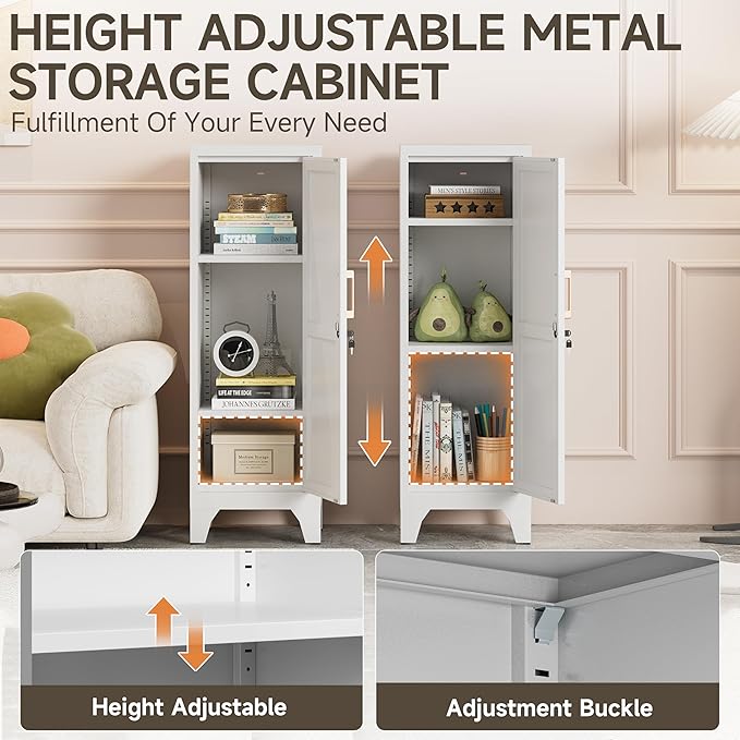 Bestoo Metal Locking Cabinet, 46" H Storage Locker with 1 Magnetic Door and 2 Adjustable Shelves, 3-Tier White Storage Cabinet for Bathroom, Kitchen, Pantry, Home, Office, Garage