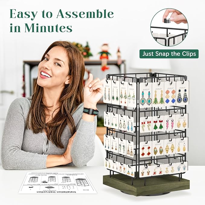 EsLuker.ly Rotating Earring Display Holder Stand for Vendors Events Selling, Large Capacity 64 Hooks Jewelry Rack with Wooden Base for Earring Card Sales, Enhances Retail Visibility(Rustic Gray)