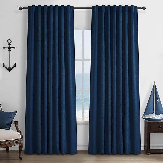 Navy Blue Blackout Curtains 84 Inch Length for Kids/Boys Rooms/Bedroom, Floor to Ceiling Track Pleated Drapes with Hooks Linen Thermal Coastal Curtain Dark Blue Window Burg 50"Wx84"Lx 2Panels Back Tab