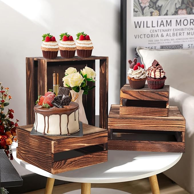 6 Pcs Buffet Risers with Mini Signs, Rustic Wood Cake Stands, Food Risers for Buffet Table, Dessert Display Stand, Wood Crates, Rustic Cake Stand for Party, Wedding, Birthday, Baby Shower, 3 Sizes