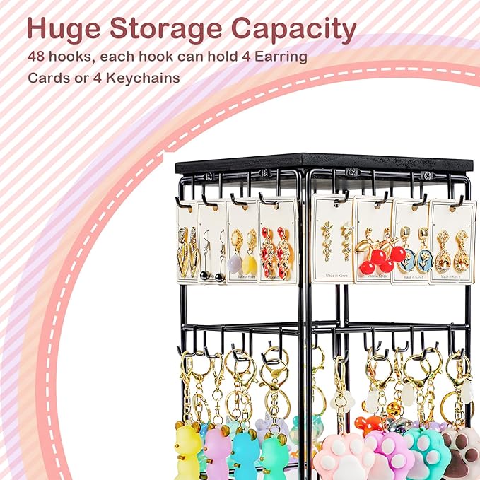 360 Rotating Earring Display Stands for Selling, Earring Rack Display Holder Stand, Jewelry Display for Vendors Selling Earring Cards, Necklaces, Bracelets, Hair Accessories (48 Hooks)