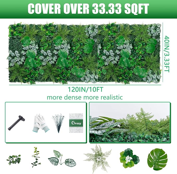 Artificial Boxwood Panels, 40"x120"(33.33 SQFT) Grass Wall Panels with Monstera Leaves,Privacy Hedge Fence Screen with UV Protection,Fake Greenery Backdrop for Indoor Wedding