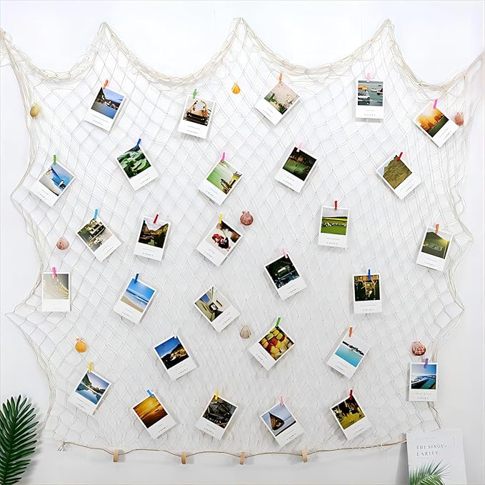 ZUEXT Beige Decorative Fishing Net 80x40 Inch, 2 Pack Large Picture Fish Net, Wall Photo Hanging Fishnet for Nautical Mermaid Pirate Ocean Themed Hawaii Beach Under the Sea Party Decorations