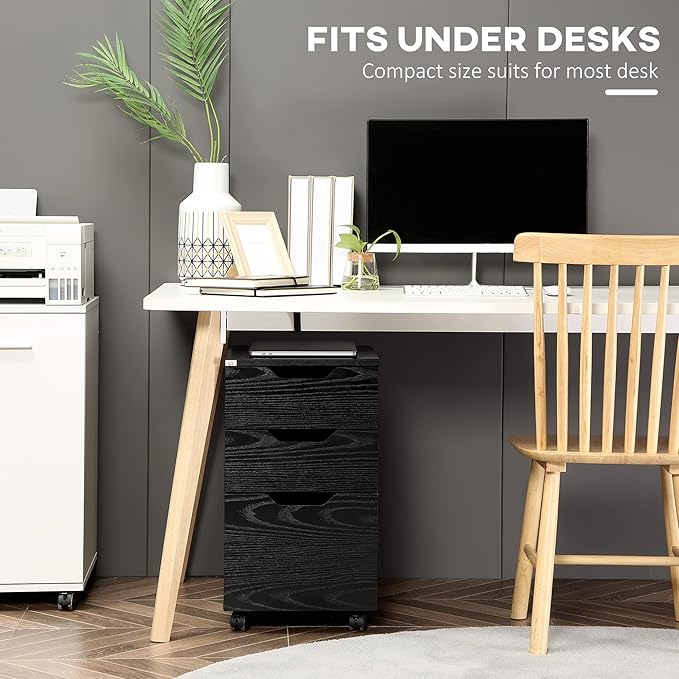 HOMCOM 3 Drawer Mobile File Cabinet, Rolling Printer Stand, Vertical Filing Cabinet, Black Wood Grain