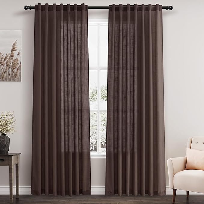 Nanspring Coffee Linen Textured 80 Inch Curtains 2 Panels Set Back Tab Rod Pocket Sheer Light Filtering Boho Room Decor Aesthetic Curtains Burlap Look Curtain Drapes for Living Room Bedroom 52x80