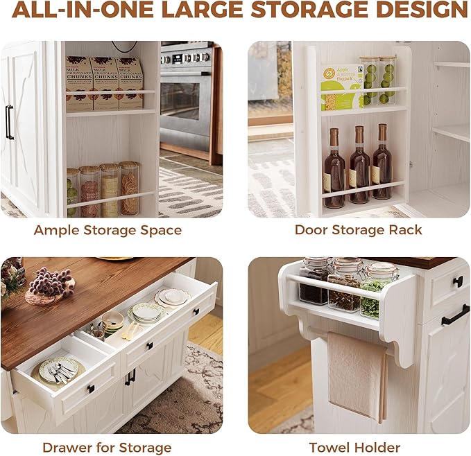 IRONCK Kitchen Island with Storage, Rolling Island Table on Wheels with Drop Leaf, Charging Station and Trash Can Storage, Portable Islands Table with Open Spice Rack and Drawer for Living Room, White
