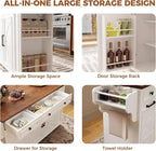 IRONCK Kitchen Island with Storage, Rolling Island Table on Wheels with Drop Leaf, Charging Station and Trash Can Storage, Portable Islands Table with Open Spice Rack and Drawer for Living Room, White