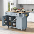Yayzy Rolling Kitchen Island with Drop Leaf, Cabinet Door Storage Racks & 3 Drawers, Mobile Kitchen Cart with Rubberwood Top & Locking Wheels for Dining Room & Kitchen, 53-Inch, Grey Blue