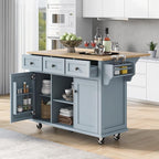 Yayzy Rolling Kitchen Island with Drop Leaf, Cabinet Door Storage Racks & 3 Drawers, Mobile Kitchen Cart with Rubberwood Top & Locking Wheels for Dining Room & Kitchen, 53-Inch, Grey Blue