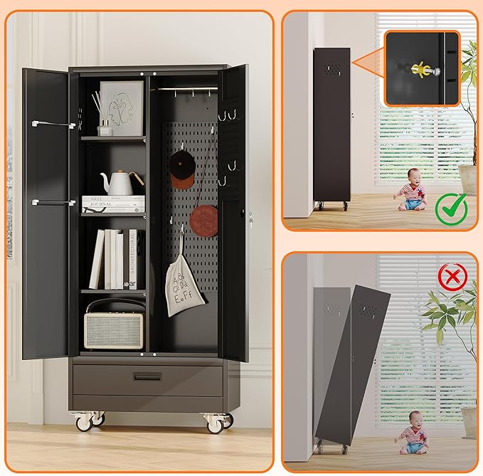 Aobabo Metal Broom Closet Storage Cabinets on Wheels,Steel Mop and Broom Cabinet with Adjustable Shelves and Drawer,Assembly Required,Black