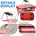 SIYUAN Picnic Basket with Handles 30L Leakproof Insulated Cooler Stripped Grocery Shopping Market Tote for Family Red White
