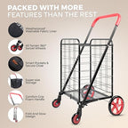 SereneLife Small Compact Folding Shopping Cart with Removable Waterproof Liner – 360° Swivel Wheels, Rust‑Proof Steel Frame, 70 lb Capacity – Portable Grocery, Laundry & Travel Cart (Red)