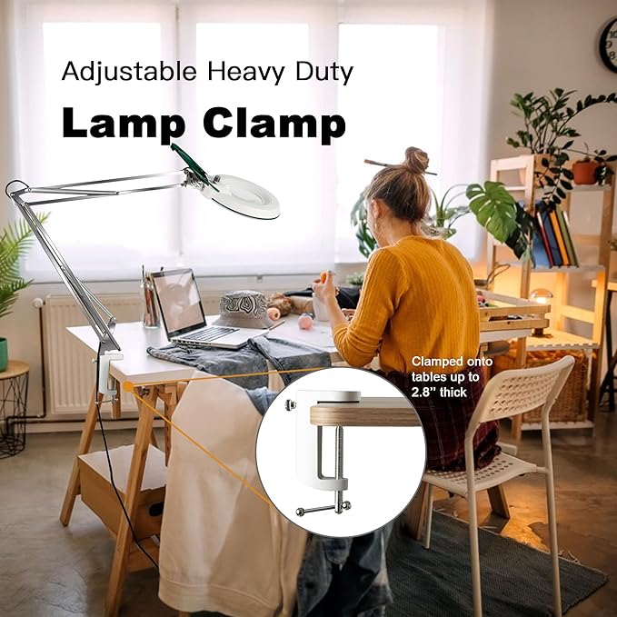 10X Magnifying Glass with Light and Stand,LED Dimmable Lighted Desk Lamp with Clamp,Magnifier Hands Free-Adjustable Stainless Steel Bracket,for Crafts Hobbies Reading Painting Sewing Close Work