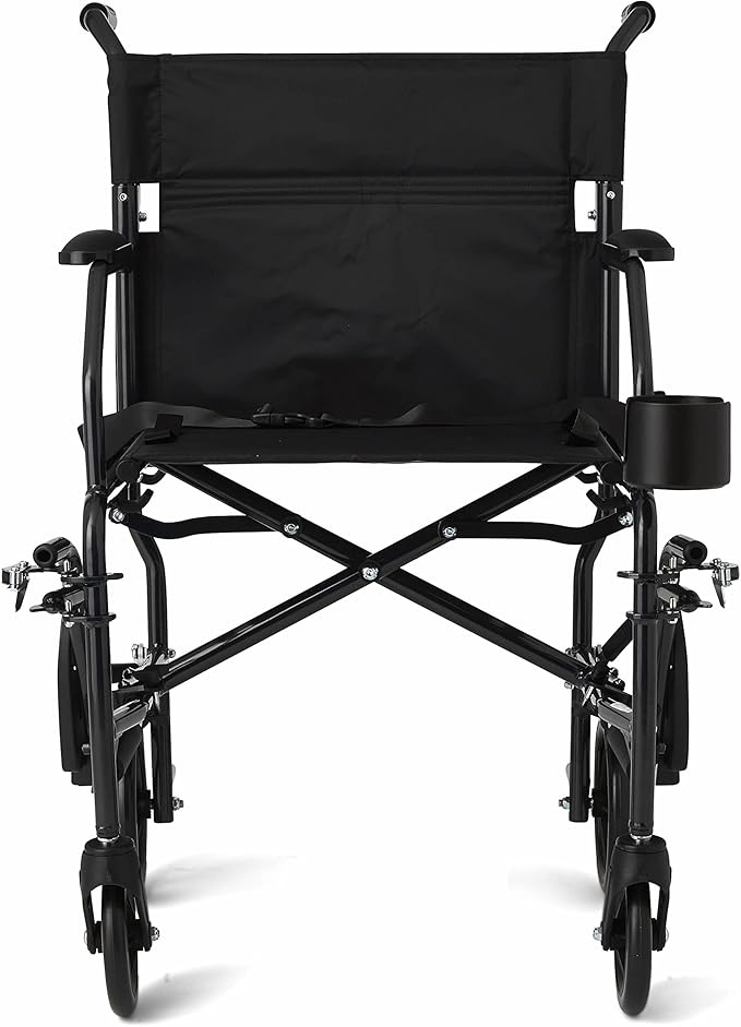 Medline Ultra Lightweight Transport Wheelchair for Adults, Foldable, 19-Inch Seat Width, Black Frame, Black Upholstery