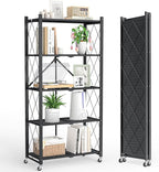 5-Tier Folding Metal Storage Shelf with Wheels, Heavy Duty Organizer Rack Holds 750 lbs, No Assembly Utility Shelving for Kitchen, Garage, Pantry, Living Room, Office (New Upgrade - Black, 5 Tier)