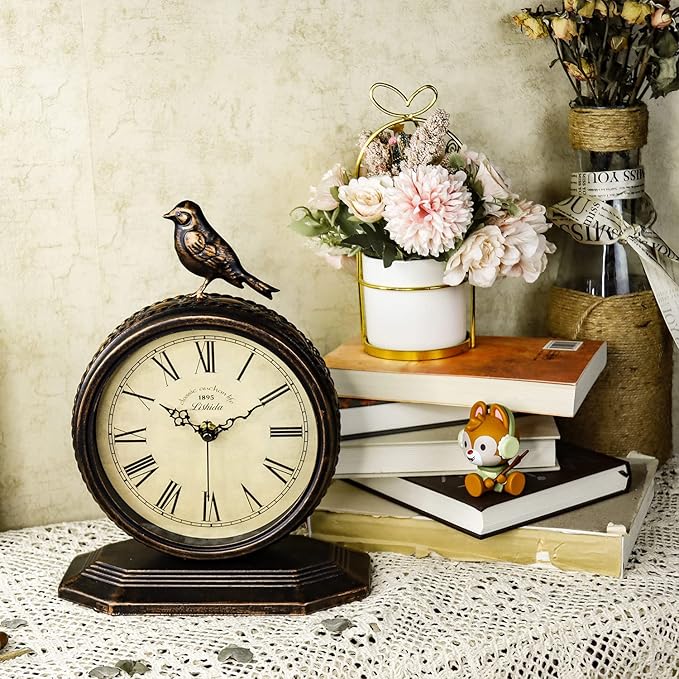 Desk Clock for Bedroom Kitchen Vintage Table Clock Mantel Desktop Farmhouse Tabletop Metal Clock for Office Living Room Silent Decor Battery Operated Bird