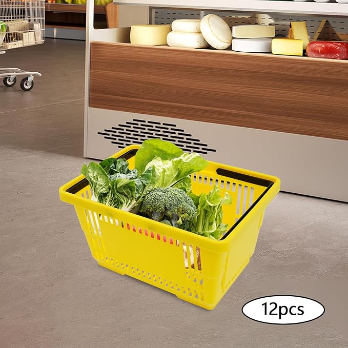 12PCS Yellow Plastic Shopping Baskets with Handles, Portable Retail Baskets Grocery Basket with Handles,18L Hand Shopping Basket Set for Stores, Supermarket, Retail, Groceries Carrying
