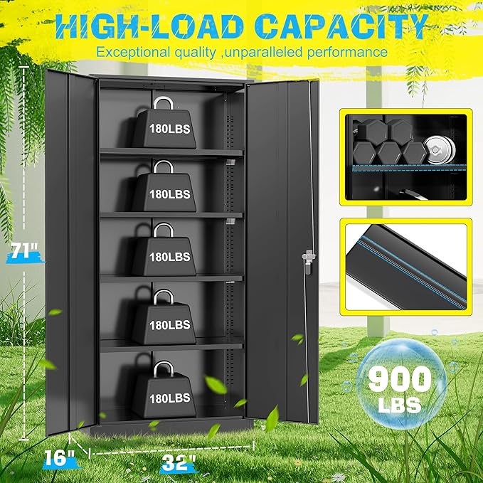 Pataku 71'' Metal Storage Cabinet, Garage Storage Cabinet with 2 Doors and 4 Adjustable Shelves, Steel Lockable Storage Cabinet, Black File Cabinets for Home, Office, Warehouse