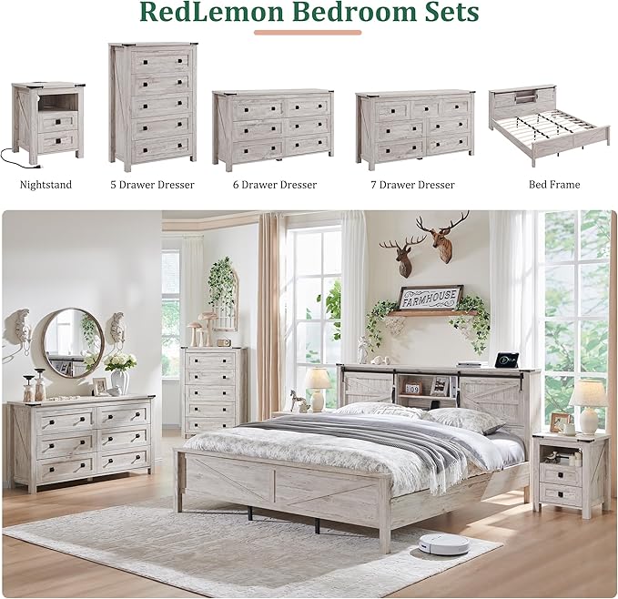 RedLemon Farmhouse 6 Drawer Dresser for Bedroom, 54 Inch Wide Rustic Wood Dresser TV Stand, Dresser Chest of Drawers for Closet, Living Room, Hallway, Antique Brush White