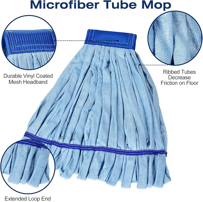 Matthew Cleaning Microfiber Tube Mop(Meduim,Blue,6Pack) Heavy Duty Mop Head Replacement,Excellent Absorbency,Premium launderability,Reusable,Loop end for Home,Commercial&Industrial Use
