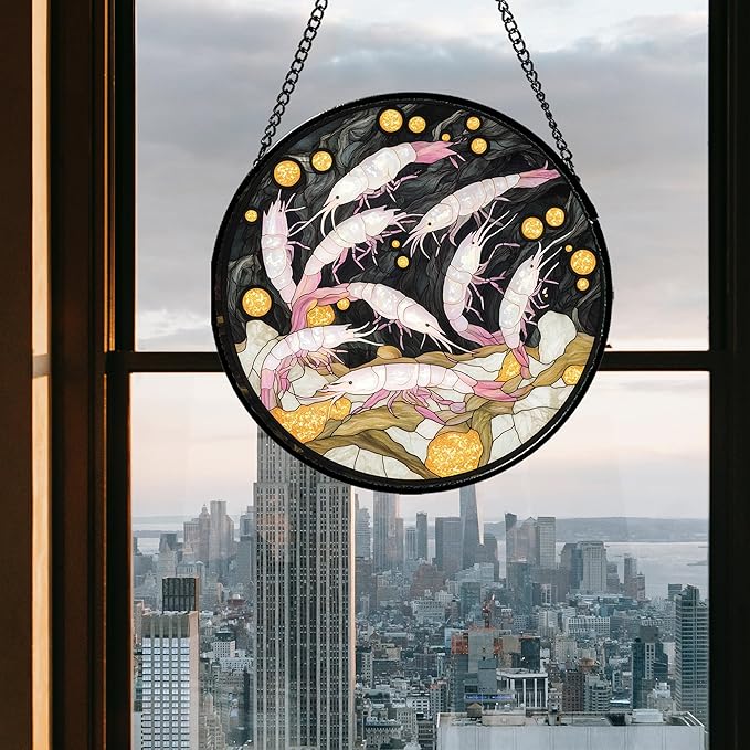 Stained Glass Window Hanging - Pink Shrimp Suncatcher for Doors Garden Marine Life Sun Catchers Decor Christmas Mother's Day Birthday Gifts for Women Men Mom Nana Friend Boys Girls 9.8 in