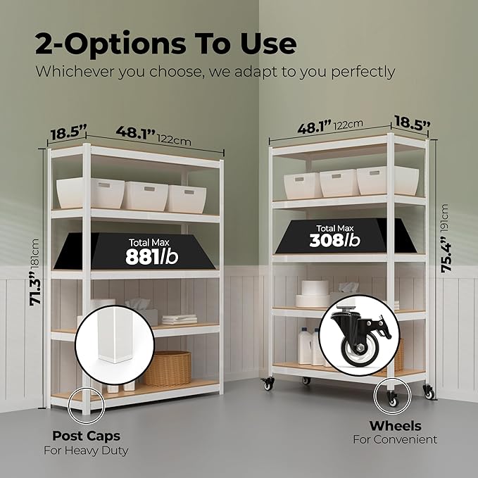 HOMEDANT House 48.1" 5-Tier Metal Rolling Cart Shelf Rack Casters Heavy Duty Laminated Wheel Shelving Unit Adjustable Utility Storage Shelves Shelf Kitchen Garage White 1Pack