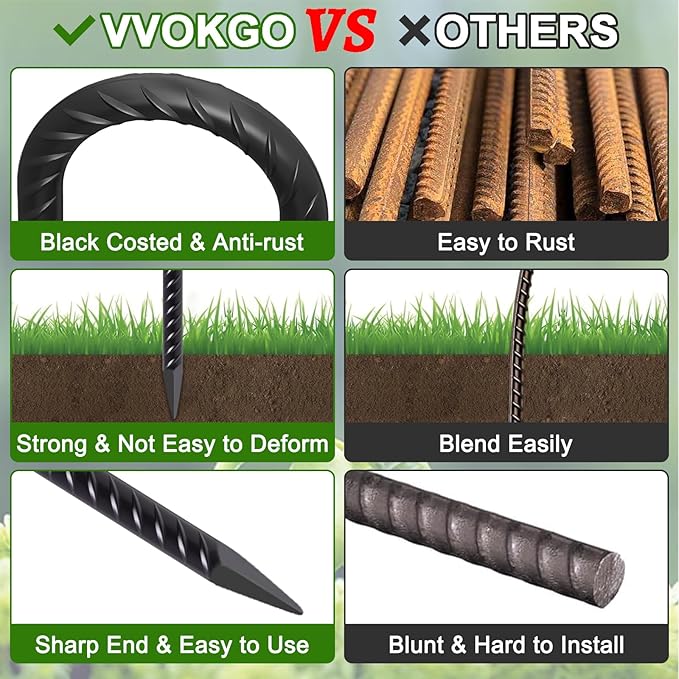 VVOKGO Rebar Stakes 12 Inches J Hook Heavy Duty Chain Link Fence Stakes, 16 Pcs Metal Long Tent Spikes Ground Anchors for Wire Fencing, Dogs Digging, Camping Tents, Swings, Greenhouse, Black