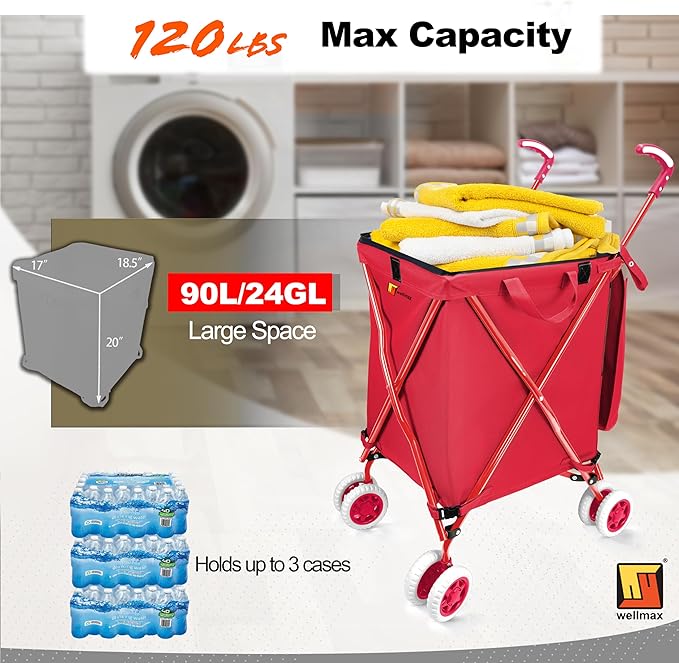 Wellmax WM99100 Series Folding Shopping Cart with Wheels, Grocery Cart with Removable Canvas with Cover, Lightweight Utility Cart for Groceries and Laundry - Holds up to 120 lbs (Red)