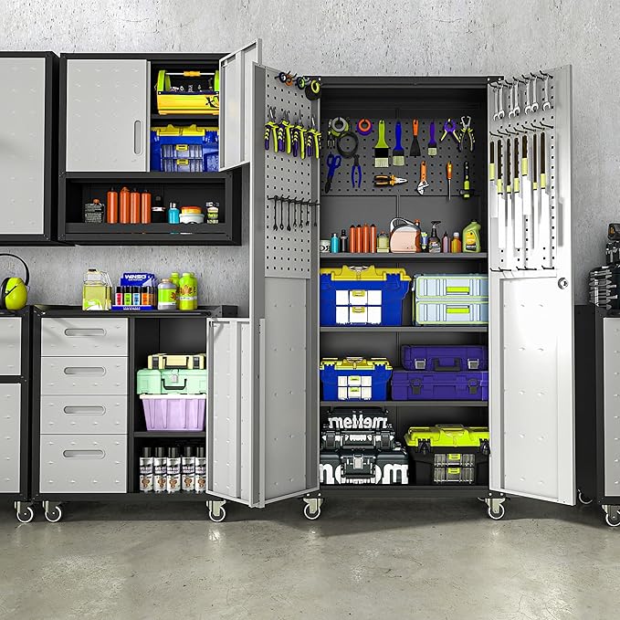 Metal Garage Storage Cabinet on Wheels, Lockable Rolling Tool Cabinet with Doors and Adjustable Shelves, Heavy Duty Mobile Tool Cabinets for Garage Warehouse Workshop