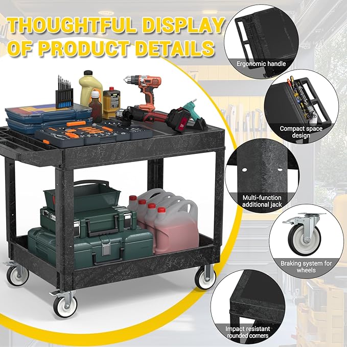 Heavy Duty Plastic Utility Cart with Wheels, Rolling Flatbed Tool Cart on Wheels, Service Cart for Garage, Warehouse, Workshop, Office, Cleaning (Black-45.7 inch)