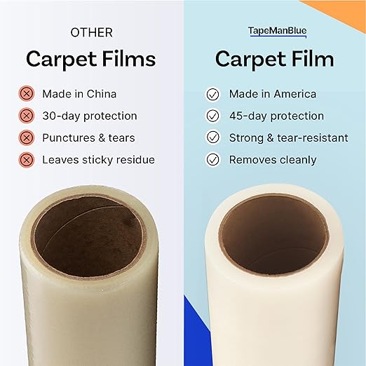 TapeManBlue Carpet Protection Film, 48 inch x 200 feet, Made in The USA, Strong and Durable Plastic Carpet Protector with Easy Unwind and Clean Removal, Clear Self-Adhesive Surface Protective Film
