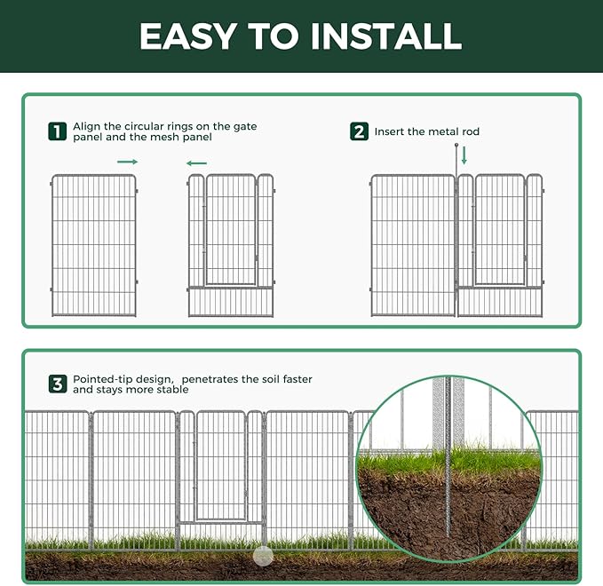 FXW Garden Fence Outdoor for The Yard – 45in(H) x 18.2ft(L) Heavy Duty Metal Animal Barrier for Dog and Rabbit, Decorative Dog Fence, 8 Panels, Silver