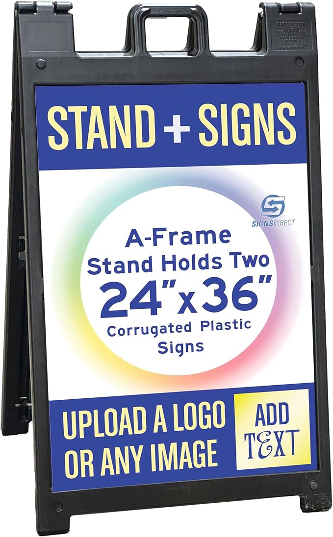 One Black Signicade Deluxe A-Frame with 2 Custom Printed Signs