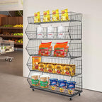 5 Tier Retail Display Rack, Rolling Storage Rack 5 Layers 35.43*16.93*53.54in Metal Display Shelf Fruit Vegetable Snack Basket Storage Supplies for Home Store Market (Black, 90*43*136cm)