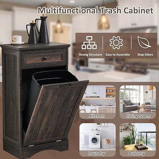 13 Gallons Tilt Out Trash Cabinet Freestanding Kitchen Trash Bin Cabinet Wood Garbage Recycling Cabinet with Hideaway Drawer Pet Proof Trash Can Holder for Kitchen Living Room, Rustic Brown