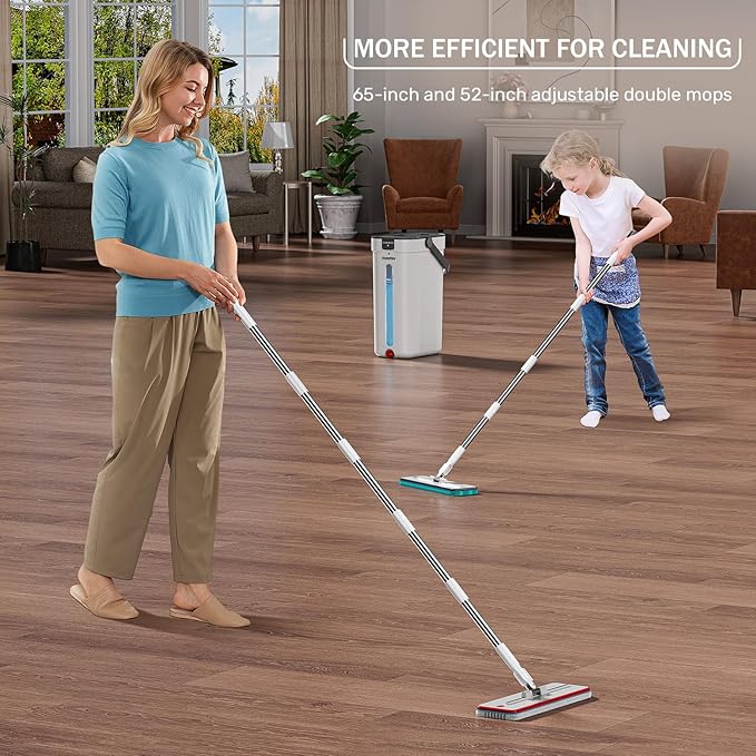 Dual-Mop and Bucket Set, 3-Tank Flat Mop and Bucket System with Separate Dirty and Clean Water, Wall Cleaner Mop, Flat Mops for Floor Cleaning with 6 Microfiber Pads