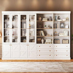 Vyre 71" Tall Farmhouse Bookshelves with Glass Doors and Drawers, Set of 4 – Large Modular Bookcase with Adjustable Shelves, Storage Cabinet for Living Room, Kitchen, White