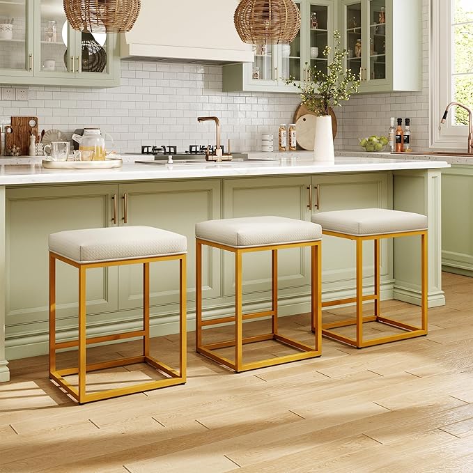 MAISON ARTS White & Gold Counter Height 24" Bar Stools Set of 2 for Kitchen Counter Modern Barstools Upholstered Faux Leather Square Stools Backless Farmhouse Island Chairs, 24 Inch Height