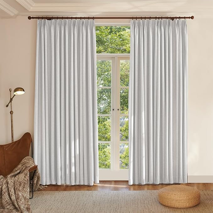Textured Linen Pencil Pleats 100% Blackout Curtains for Bedroom/Living Room Blackout Curtains 63 Inches Long, Energy Saving Window Treatment Curtains,100Wx63Lx2,White Beige