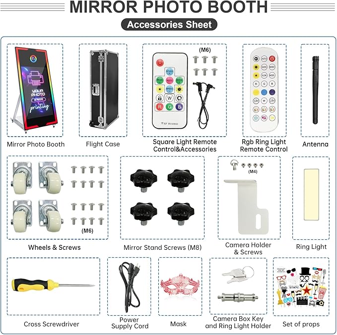 Magic Mirror Photo Booth 65" with 43" Touch Screen Selfie Mirror Photo Booth Machine with Flight Case, Mirror Photo Booth for Event Rental Wedding Party (65-43in White)