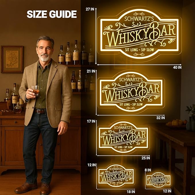 Custom Neon Bar Sign, Personalized Whiskey LED Light for Home Bars, Speakeasy Man Cave Décor Beer Established Year Gifts for Men Dad Husband Whiskey Lovers