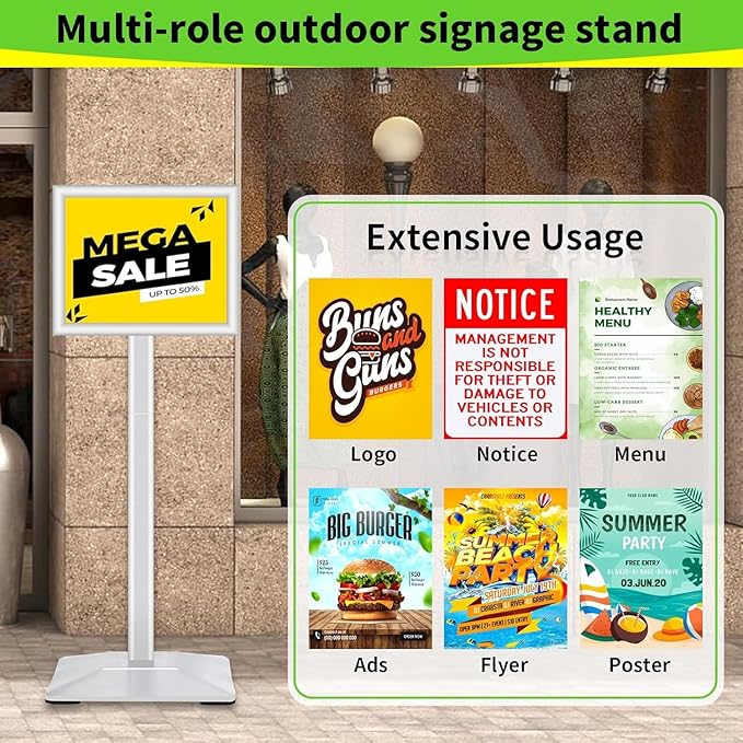 Heavy Duty Adjustable Pedestal Poster Sign Stand, 11x17 Aluminum Open Floor Standing Sign Holder for Vertical and Horizontal View Display, Silver